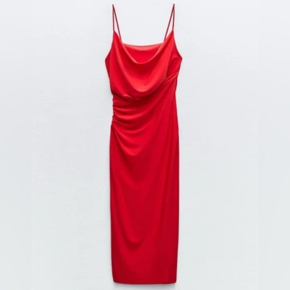 NWT ZARA Women’s Midi Dress Strappy Ruched Red Slip Faux Wrap 1165/1740 MEDIUM